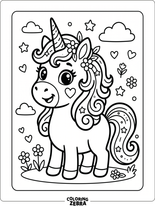 A cute unicorn with big eyes and a heart cheek