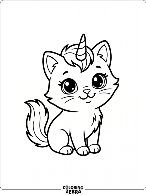 A cute unicorn kitten with big eyes and a tiny horn