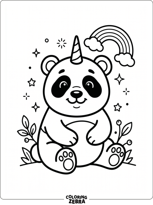 A cute panda with a unicorn horn and rainbow