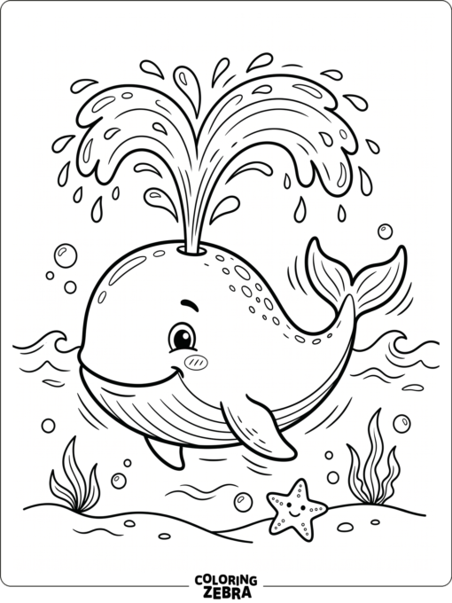 A cute whale with a water spout and starfish