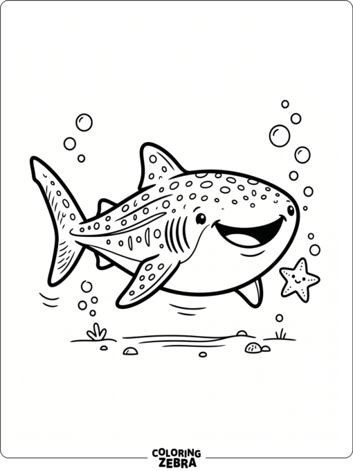 A cute whale shark with a smile and starfish