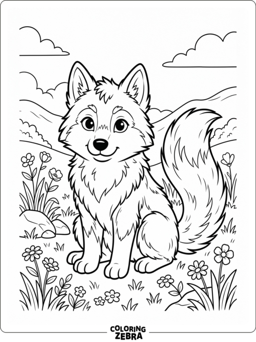 A cute wolf with big eyes standing in a meadow