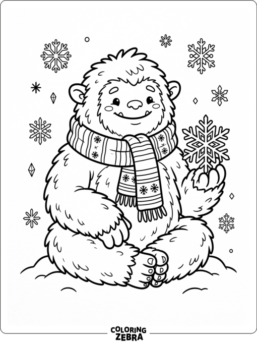 A cute yeti sits with a scarf and one snowflake in a simple winter scene.