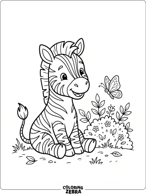 A cute zebra sitting near a butterfly