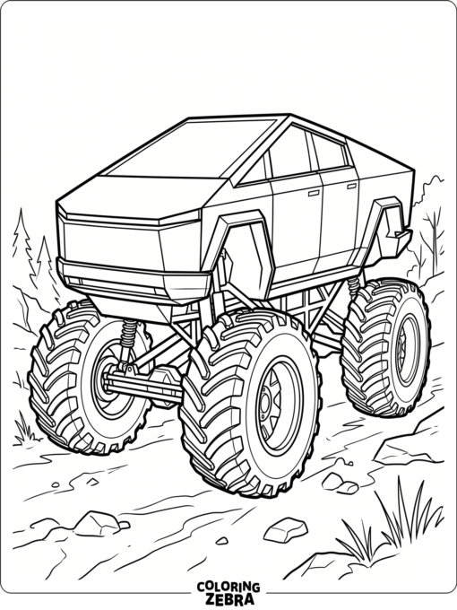 Futuristic cybertruck style monster truck with angular panels