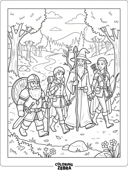 Fantasy party with sword, staff, and shield
