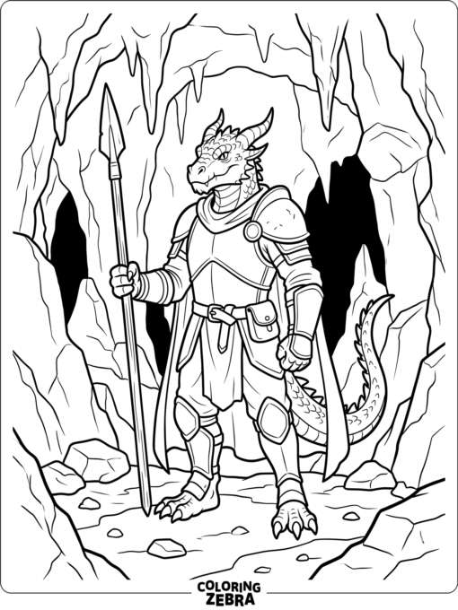 Dragonborn warrior with spear in a cave