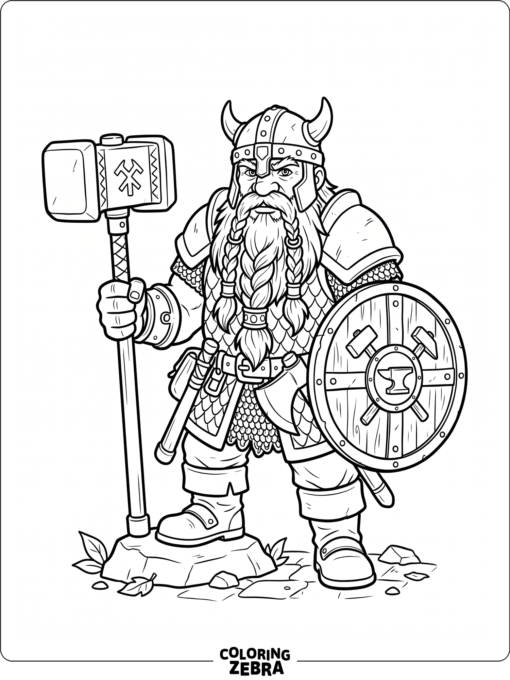 Dwarf warrior holding a hammer and shield