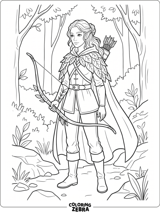Female elf ranger with leaf cloak and bow
