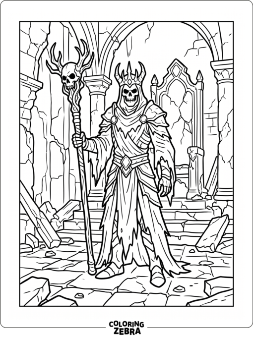 Lich standing in a ruined throne room
