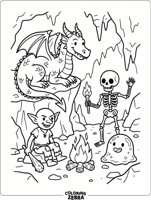 Fantasy monsters with dragon, goblin, skeleton, and slime