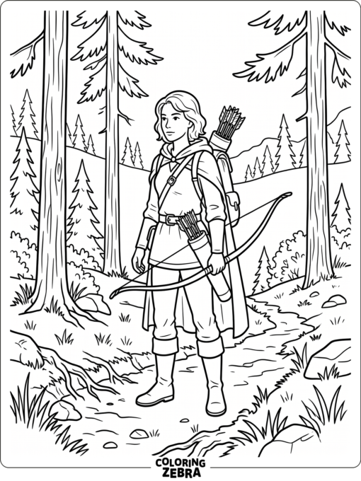 Ranger with bow and quiver near pine trees