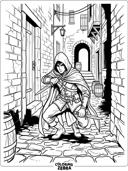 Rogue crouching with daggers in an alley