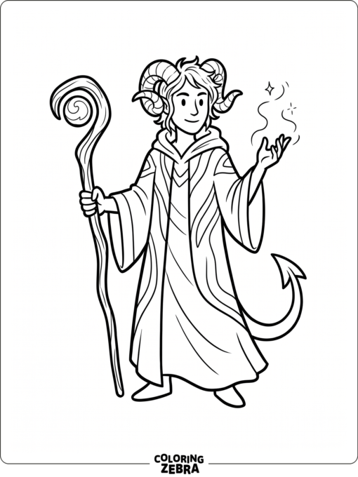 Tiefling sorcerer with horns and staff