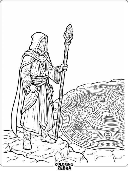 Warlock holding a staff beside an arcane circle