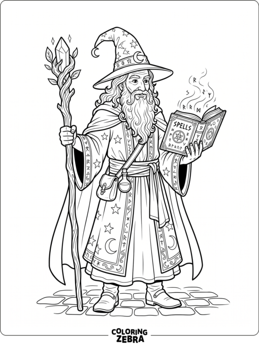 Wizard in robes with staff and spellbook