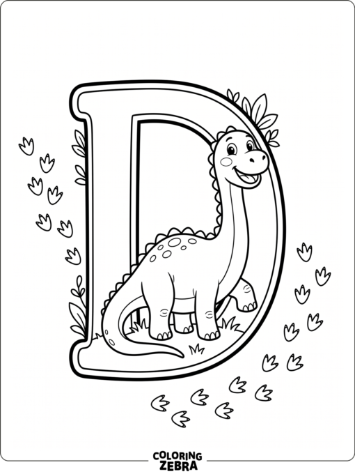 Un dinosaurio está junto a una gran letra D