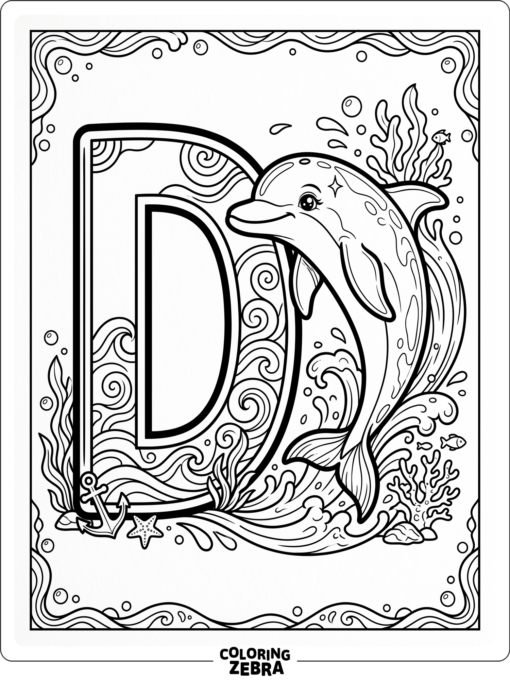 A dolphin swimming next to the letter D
