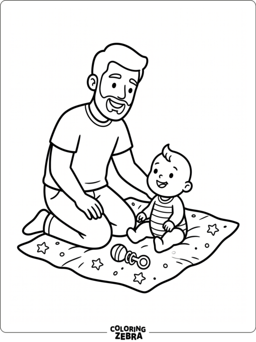 A dad kneeling beside a baby on a blanket