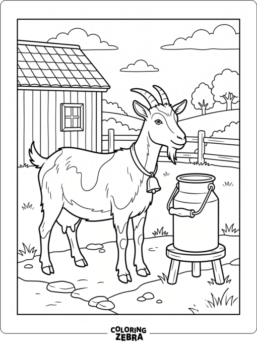 A dairy goat near a milk pail