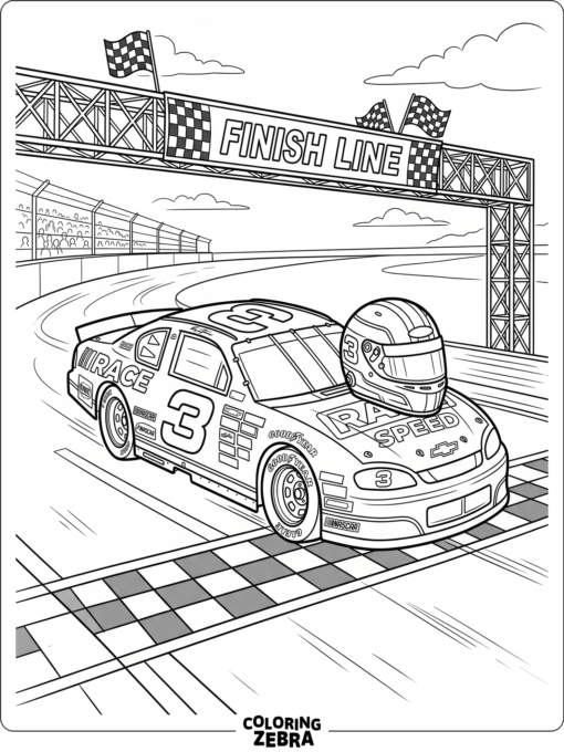 A race car with number 3 near the finish line