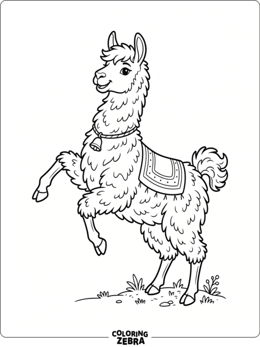 A dancing llama with raised legs and a happy pose