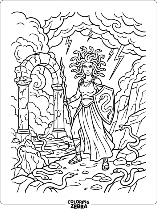 Medusa under storm clouds near a ruined arch