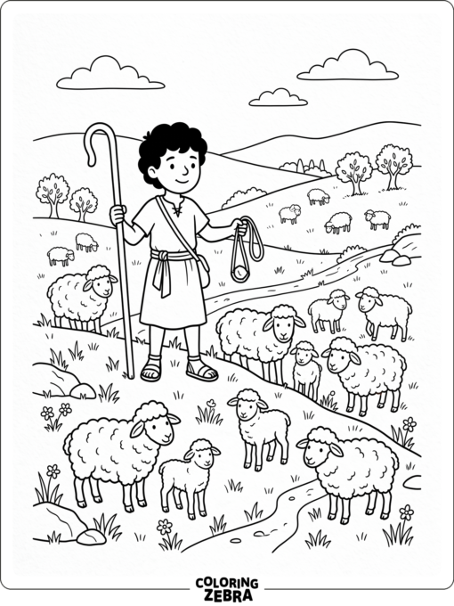 Young David stands with sheep on a hillside holding a sling