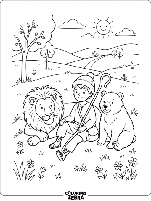 A shepherd boy with a lion and a bear