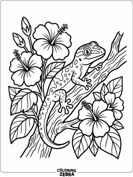 A day gecko rests on a branch with tropical blossoms