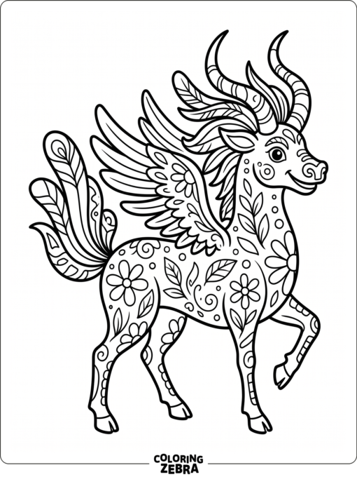 Alebrije creature with horns, feathers, and flowers