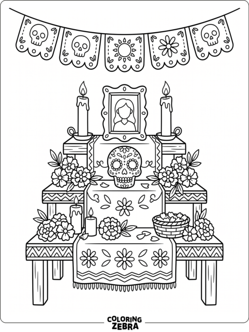 Day of the dead altar with candles and flowers