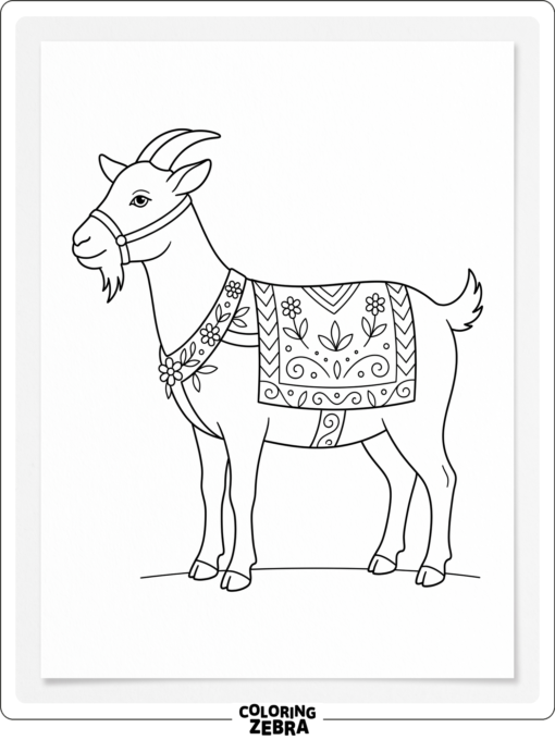 Decorated goat with floral harness and blanket