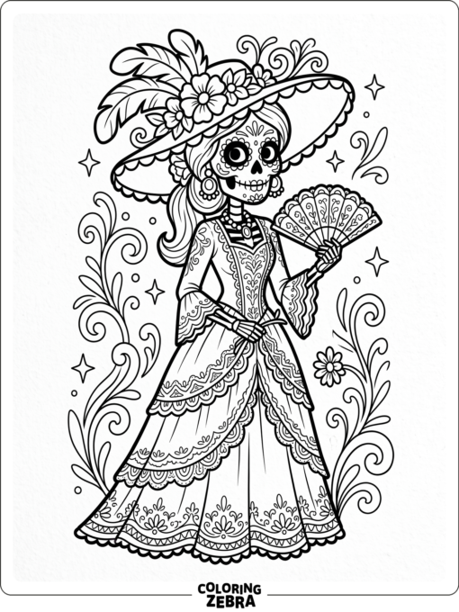 La Catrina with a wide hat and lace dress