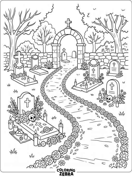 Cemetery scene with candles and flower petals
