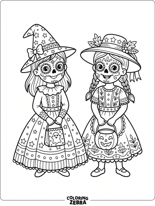 Two children in festive costumes with skull face paint