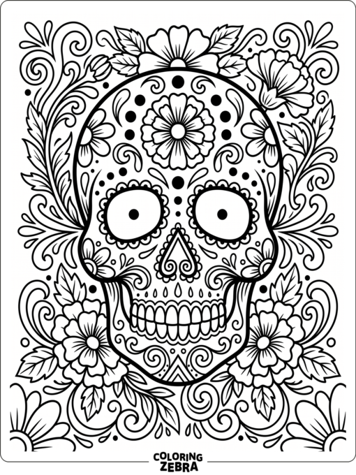 Sugar skull surrounded by marigolds and swirls