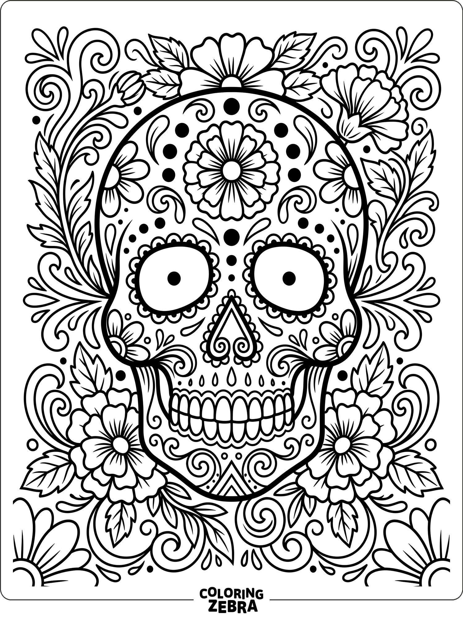 Sugar skull surrounded by marigolds and swirls