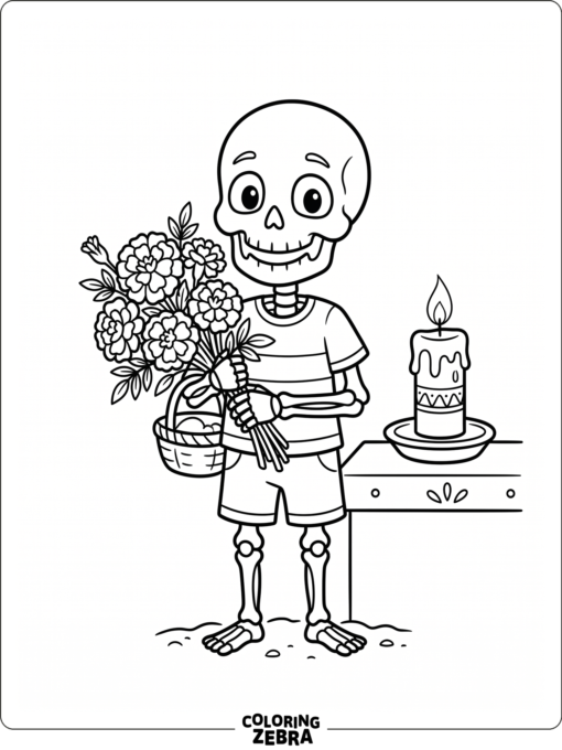 Happy skeleton child with flowers and a candle