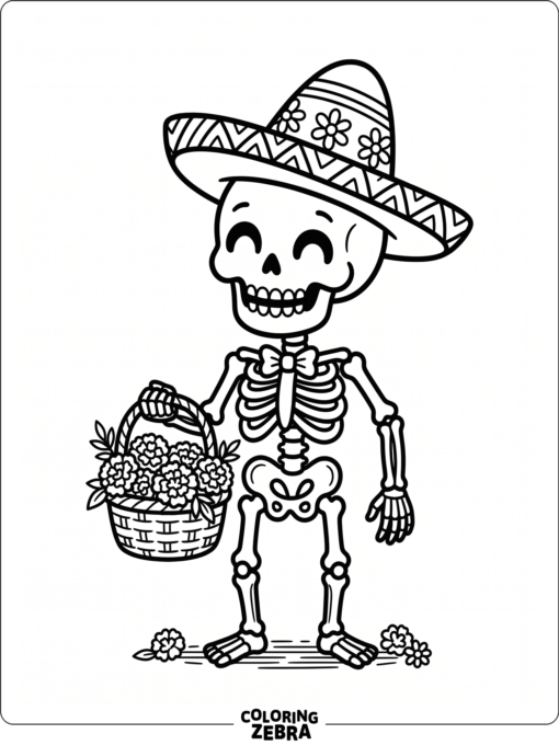 Friendly skeleton with hat and marigolds
