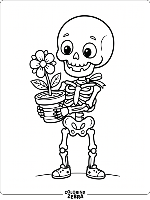 Preschool skeleton with a flower pot and big smile