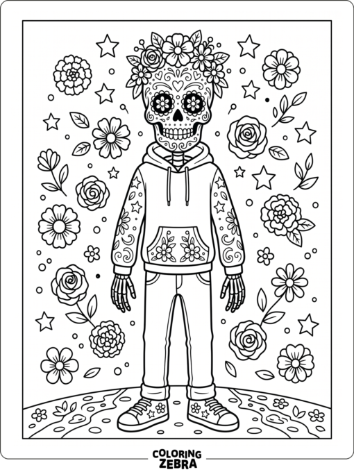Sugar skull teen portrait with bold outlines