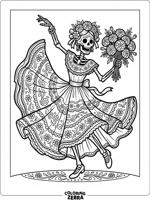 Dancing skeleton in a festive swirling pose