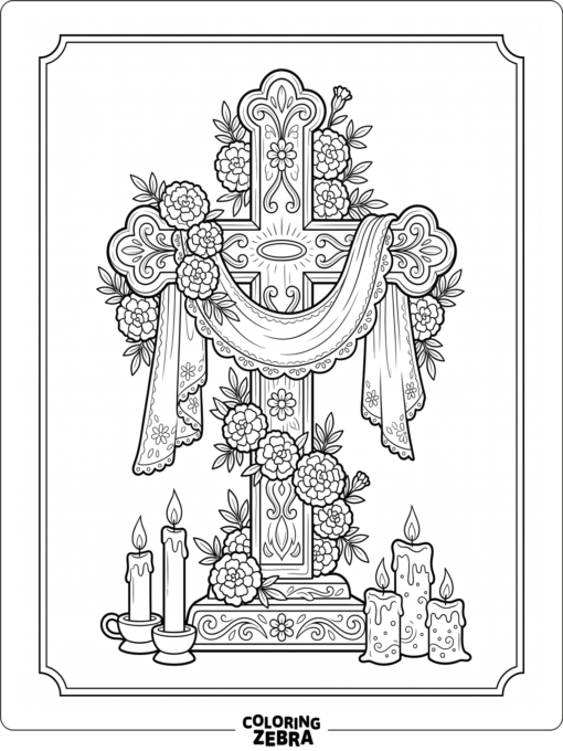 A decorated cross with marigolds, candles, and lace details
