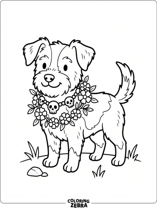 Dog wearing a skull collar and flower garland