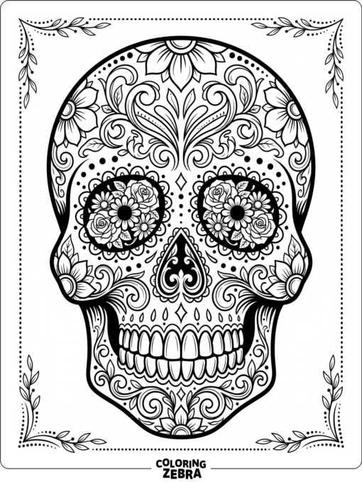 Sugar skull face with flowers and bold patterns