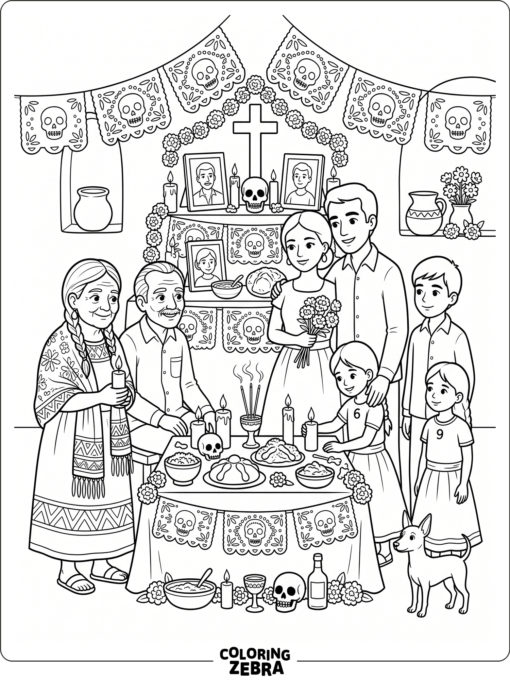 Family standing by a decorated remembrance altar