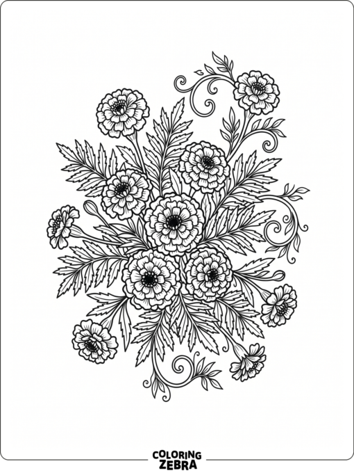 Marigold flowers with leaves and curling stems