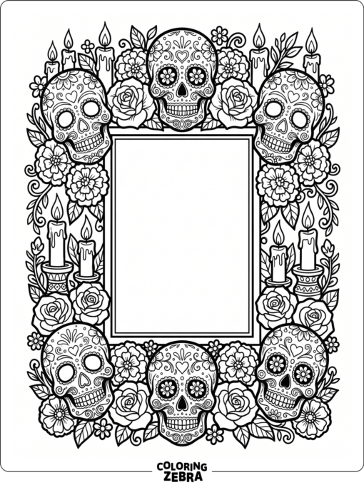 Greeting card frame with skulls and marigolds
