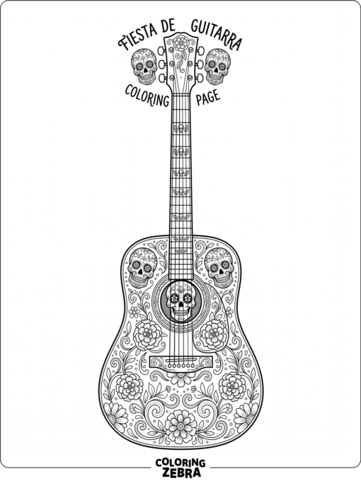 A decorated guitar with marigolds and skull motifs